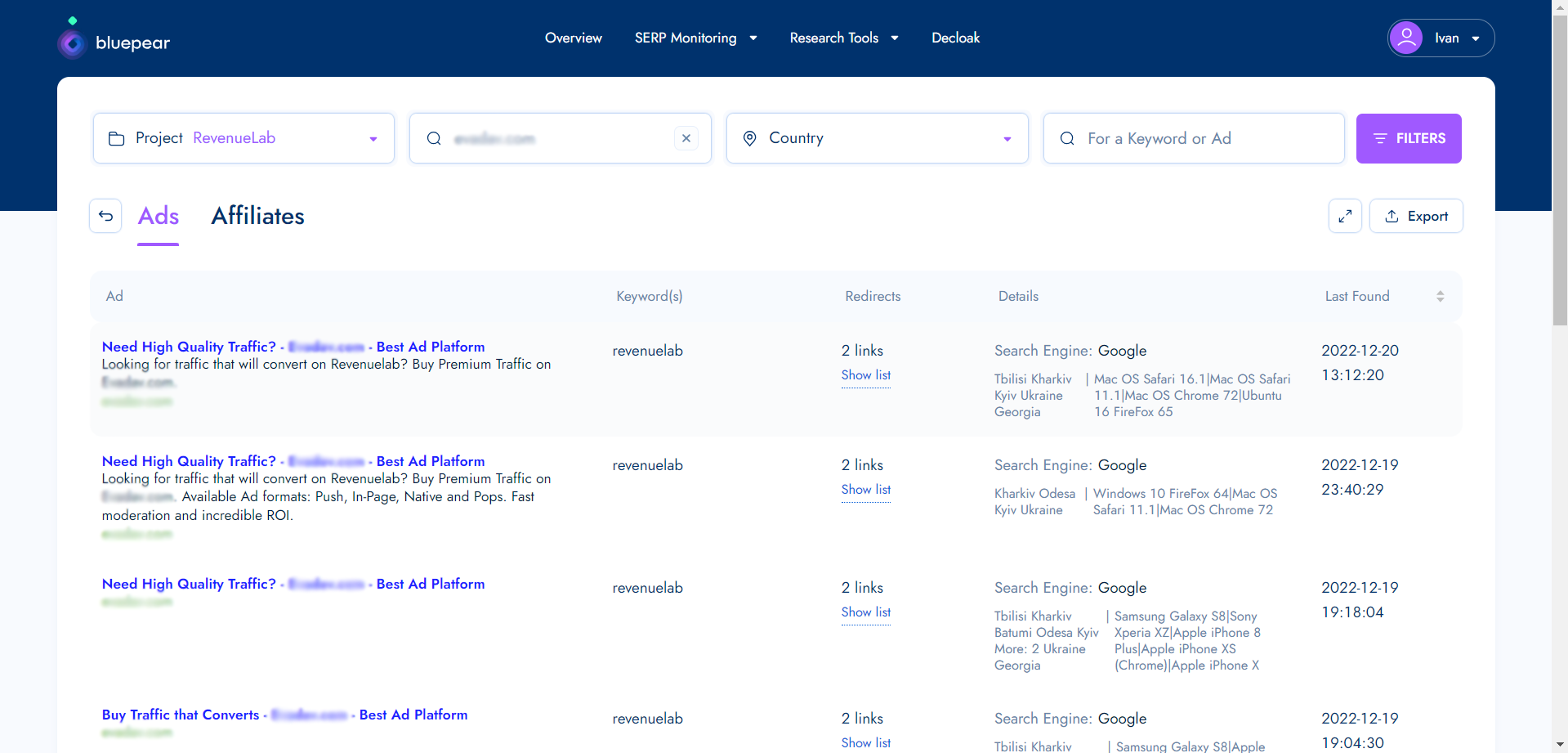 Bluepear ads report listing the competitor's ads for the keyword “revenuelab” with redirect links, locations and detection dates