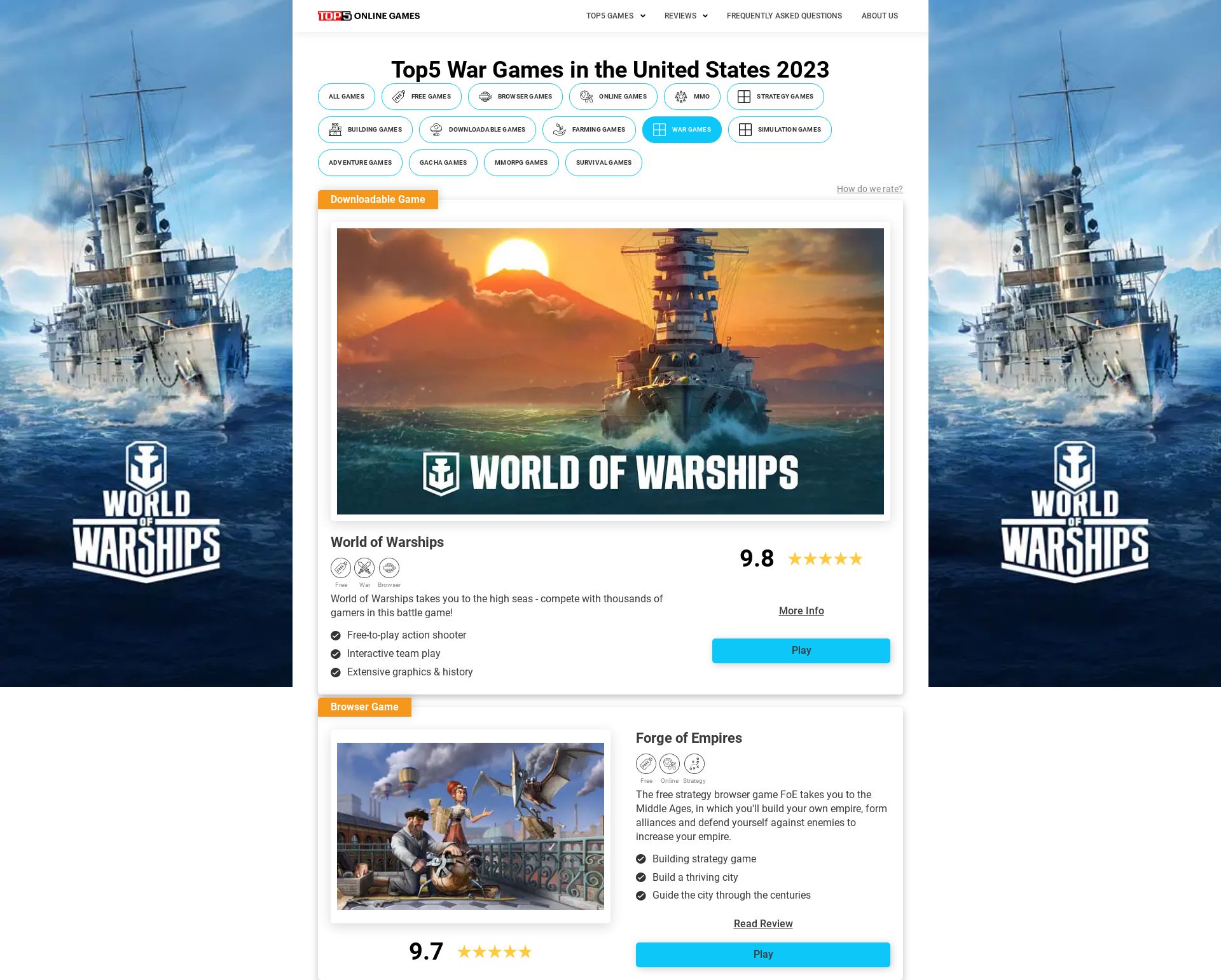 Affiliate-run “Top 5 war games” review site promoting World of Warships