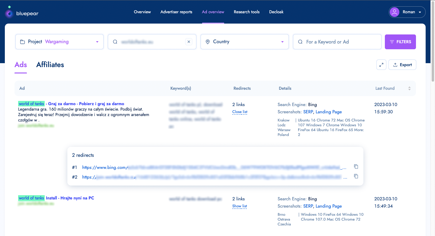 Bluepear ad overview showing World of Tanks ads in Bing with redirect chains and links to SERP and landing page screenshots